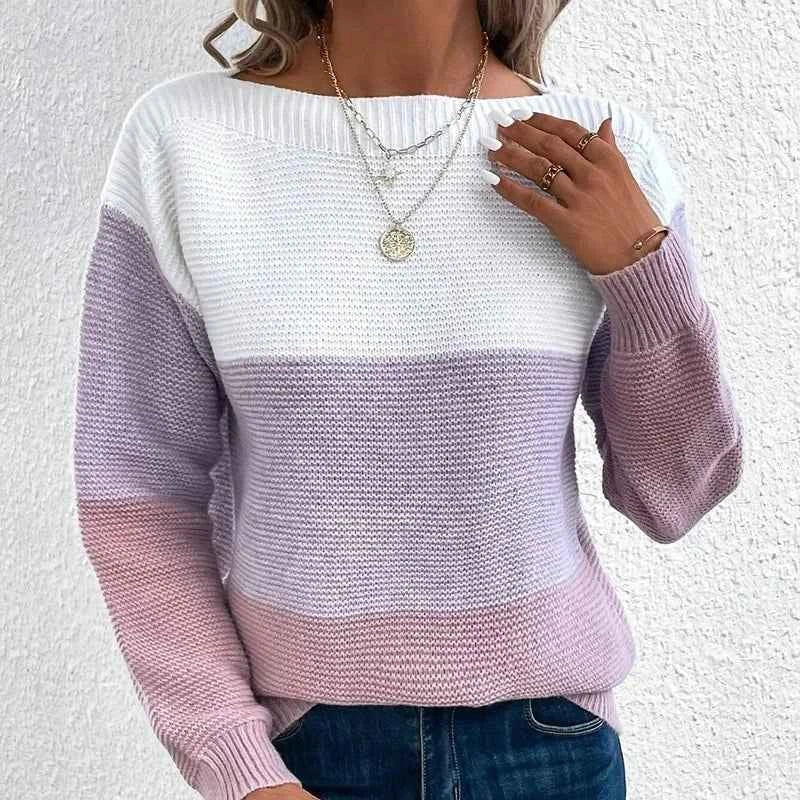 Women's Contrast Color Long Sleeve Round Neck Sweaters Female Stitching 2024 Fall Jumpers Lady Casual Warm Comfortable Pullover