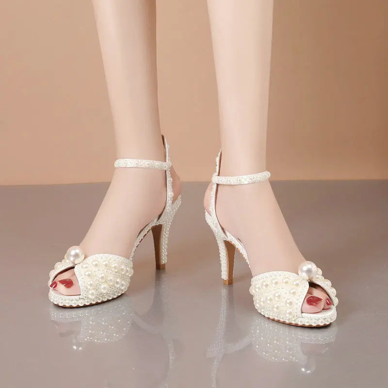 2025 Autumn New Fish Mouth High Heels Waterproof Platform Shallow Mouth 8.5cm Pearl Women'S Single Shoes Bride Wedding Shoes