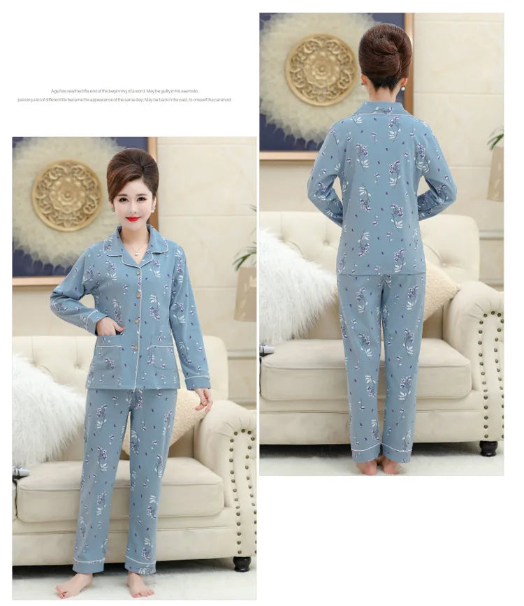 100% Pure Cotton Long Sleeve Sleepwear Set for Elderly Women Spring Summer Autumn Home Clothes Outwear Comfortable Home Suit
