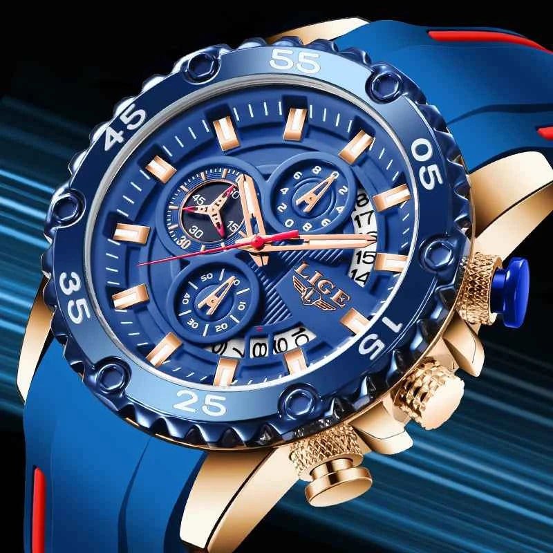 New Blue Watch LIGE Mens Watches Top Brand Luxury Big Dial Military Clock Quartz Watch Waterproof Sport Chronograph Erkek Saati