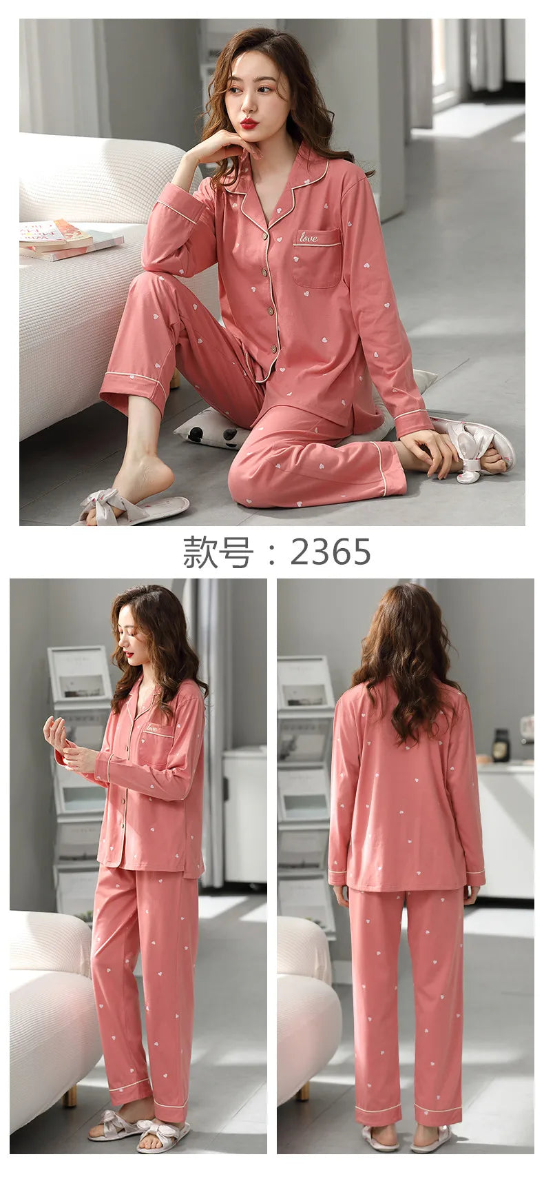 Cotton Pajamas Large Size Autumn Winter Long-Sleeved Home Wear Night Wear Woman Sexy Cardigan Love Pink Large Square Sleepwear