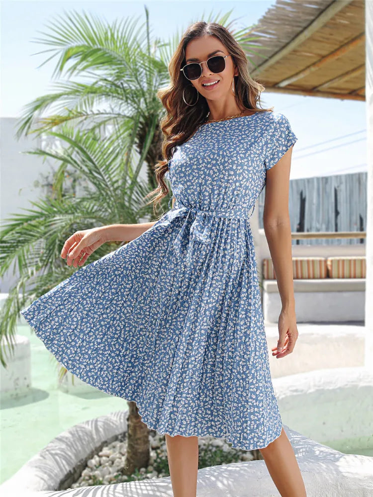 Msfilia Summer Print Pleated A Line Long Dress Women Short Sleeve High Waist Spring Round Neck Chic Dress with Belt