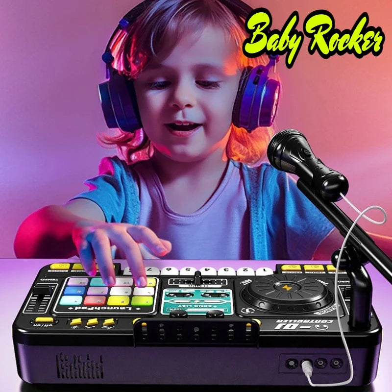 Kids DJ Controller Music Toy Mixer with Microphone LED Light Electronic Music Game DJ Turntable for Children Birthday Gifts
