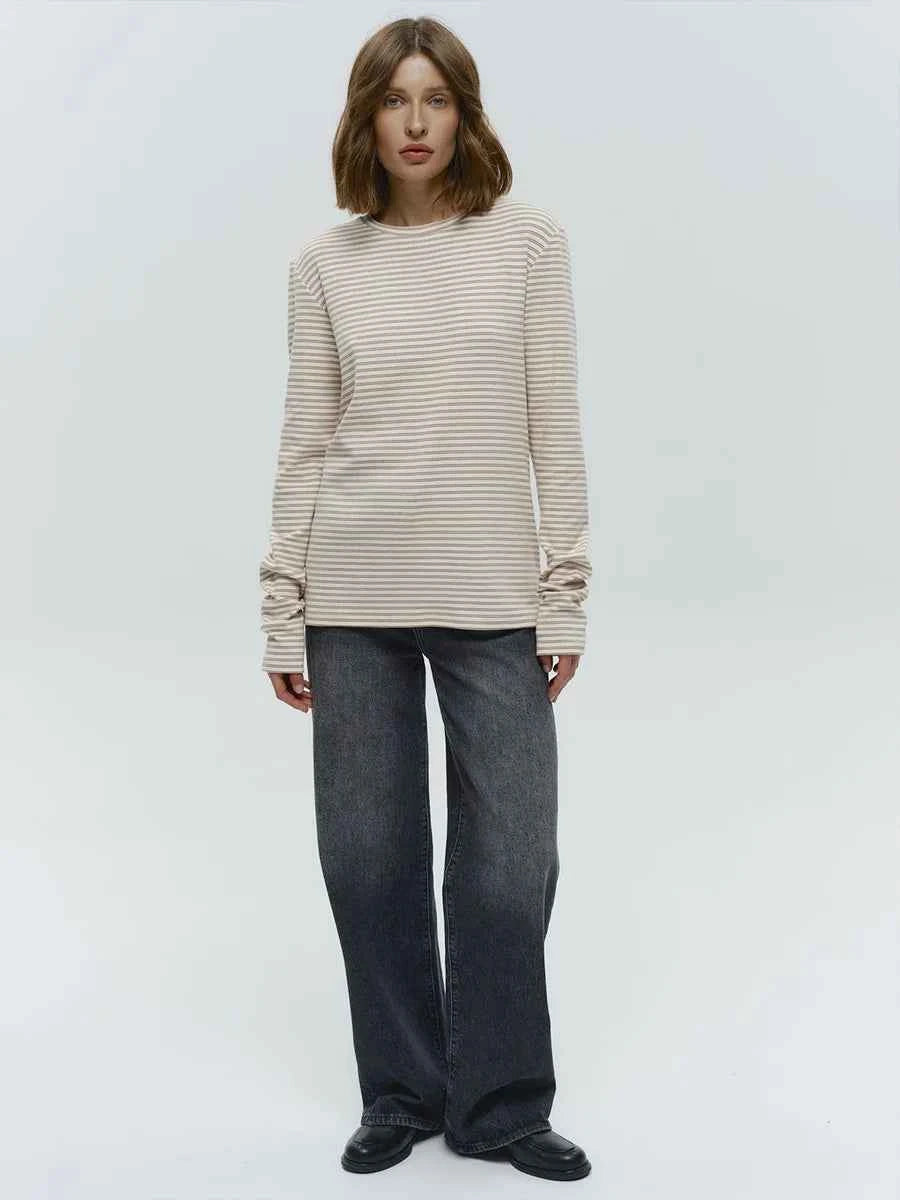 Bornladies Autumn New Fashion Women Cotton Striped Long Sleeve T Shirt Office Casual Simple Round Neck Pullover Tops & Tees