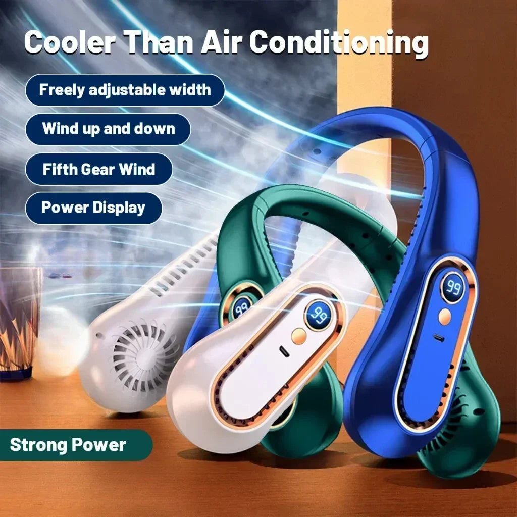 Neck Bladeless Fan Mini Ultra Long Life Portable Lazy Silent Fan USB Charging Student Sports Office Digital Display Power 5 Gear