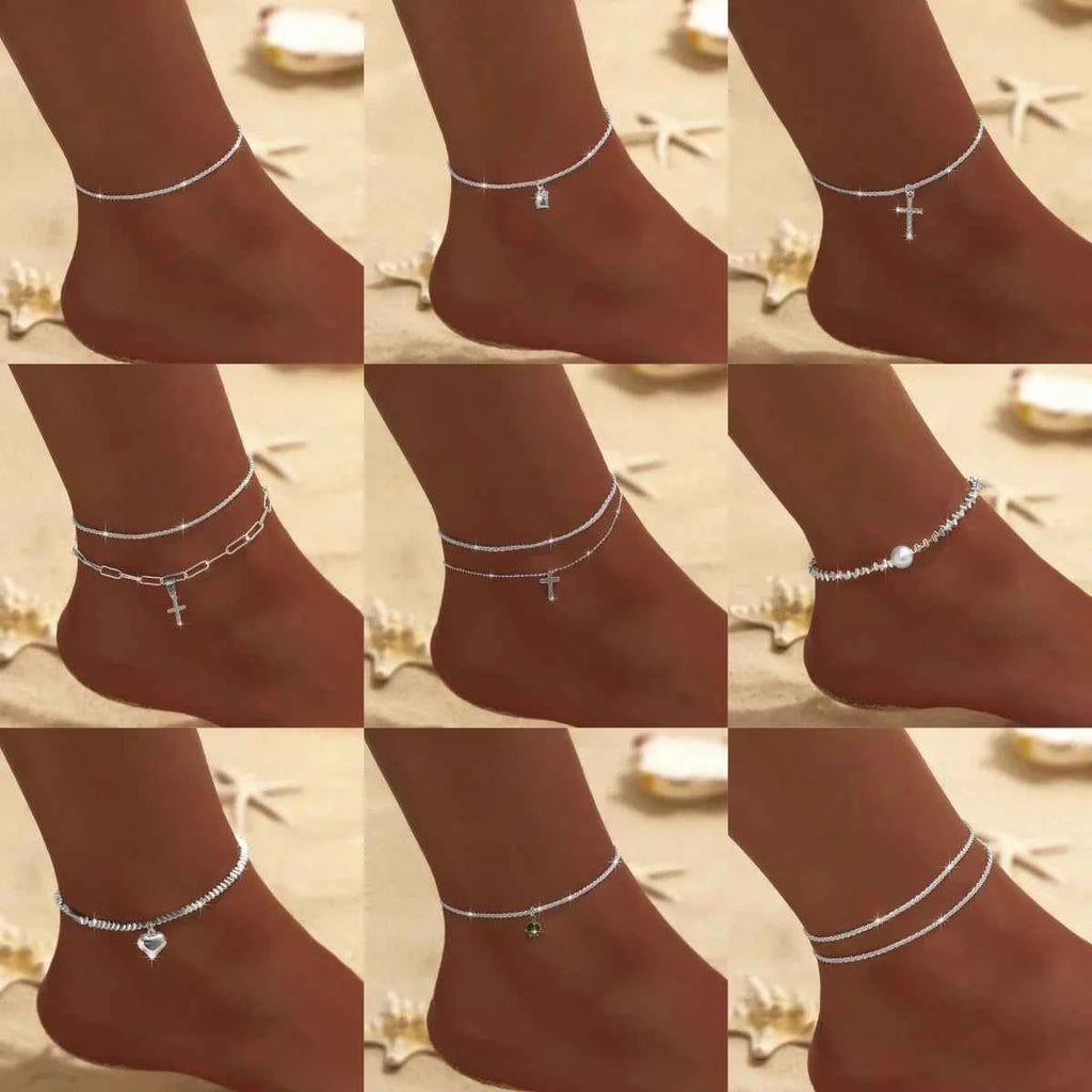 Summer Shiny Sparkling Simple Silver Color Anklet Zircon Cross Love Pearl Double Layer Bracelet On Leg Foot Trendy Beach Jewelry