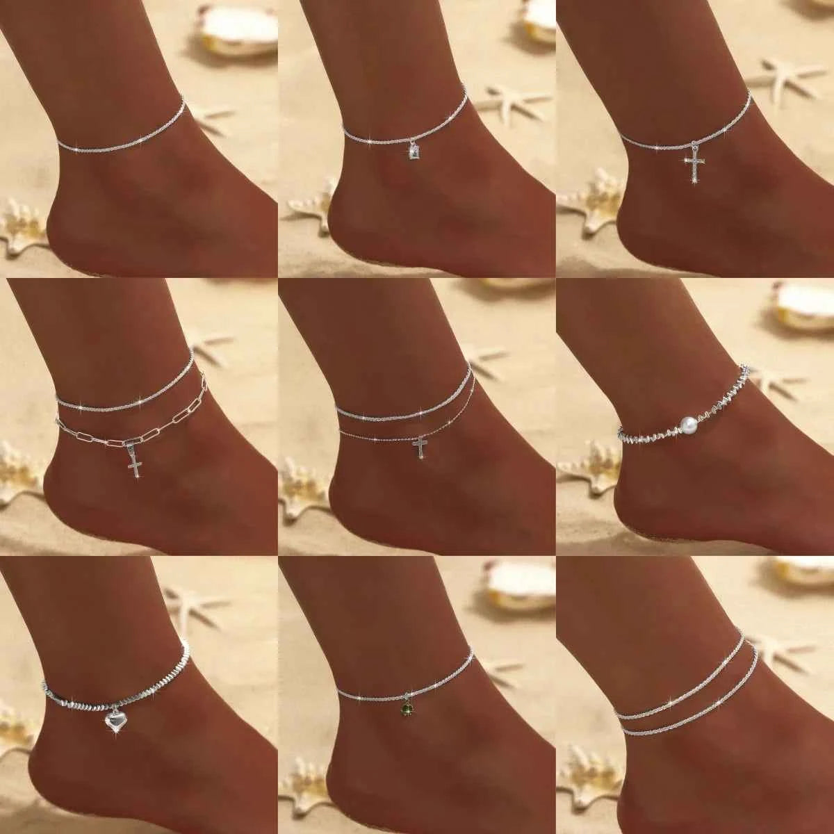 Summer Shiny Sparkling Simple Silver Color Anklet Zircon Cross Love Pearl Double Layer Bracelet On Leg Foot Trendy Beach Jewelry