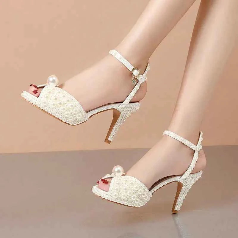 2025 Autumn New Fish Mouth High Heels Waterproof Platform Shallow Mouth 8.5cm Pearl Women'S Single Shoes Bride Wedding Shoes