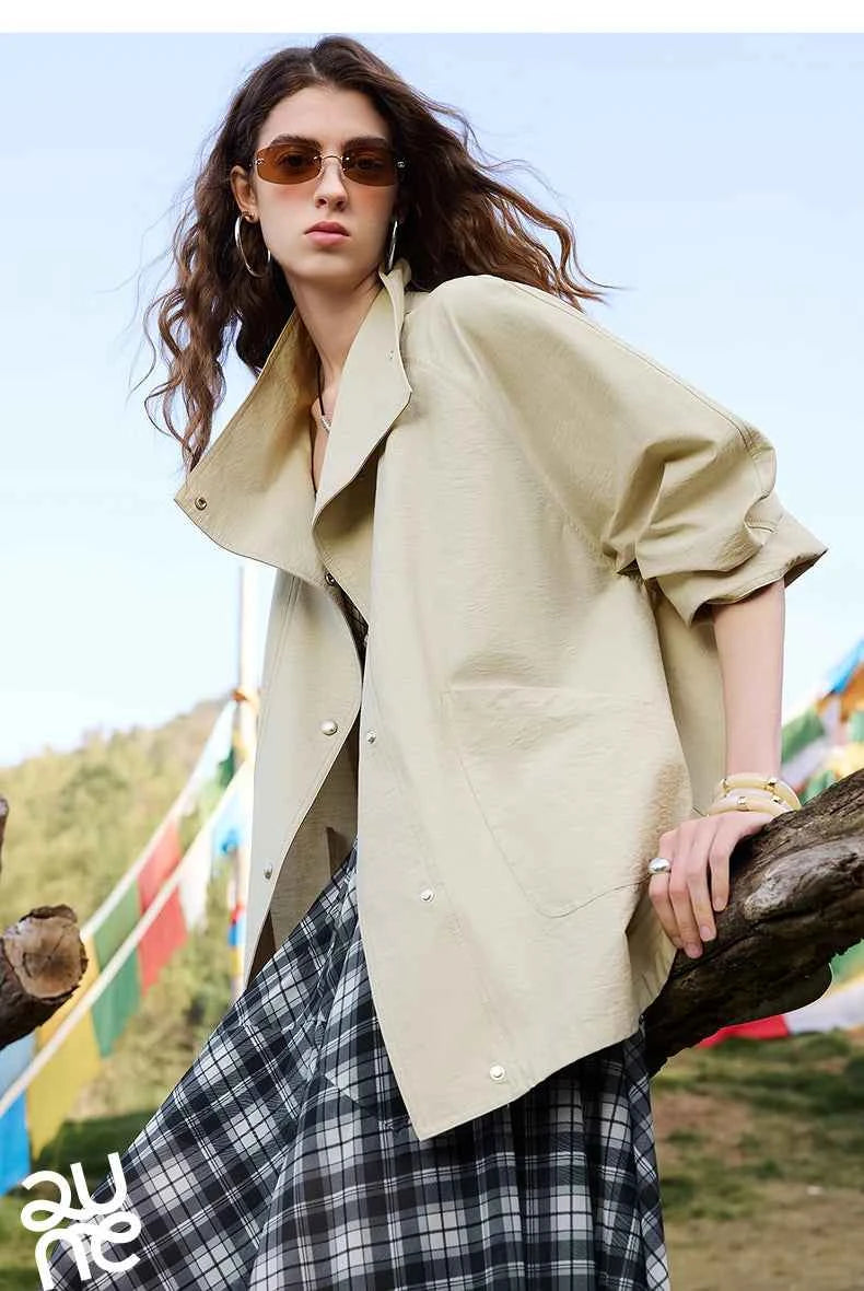 TOYOUTH Women's 2026 Spring New Loose Stand-Collar Utility-Style Lightweight Jacket Coat with Slub Wrinkle Texture