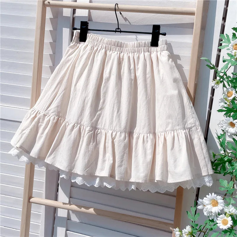 Ruffles Lace Patchwork Cotton White Mini Skirt High Waist A-Line Skirts For Women 2024 Summer