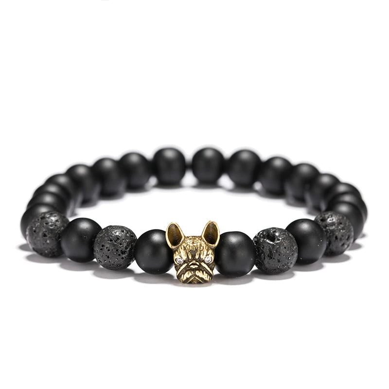New French Bulldog Bracelet For Men 8mm Natural Lava Tiger Eyes Stone Braclet Beaded Vintage Braslet Homme Camping Accessories