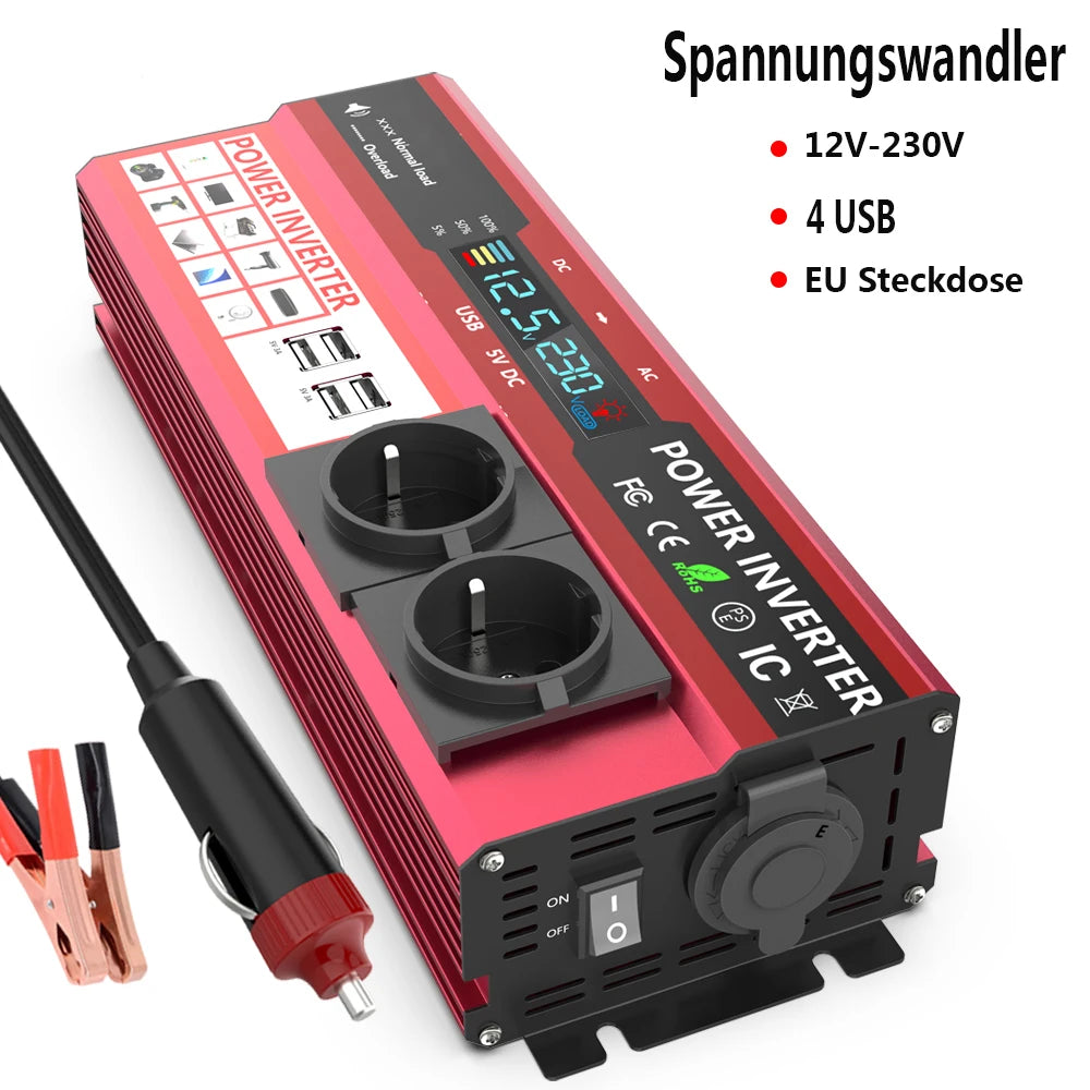 12V To 220V 4000W Peak Power Inverter 800W Continuous Power LCD Display EU Socket Solar Inverter Dual USB  for Phone Laptops Car