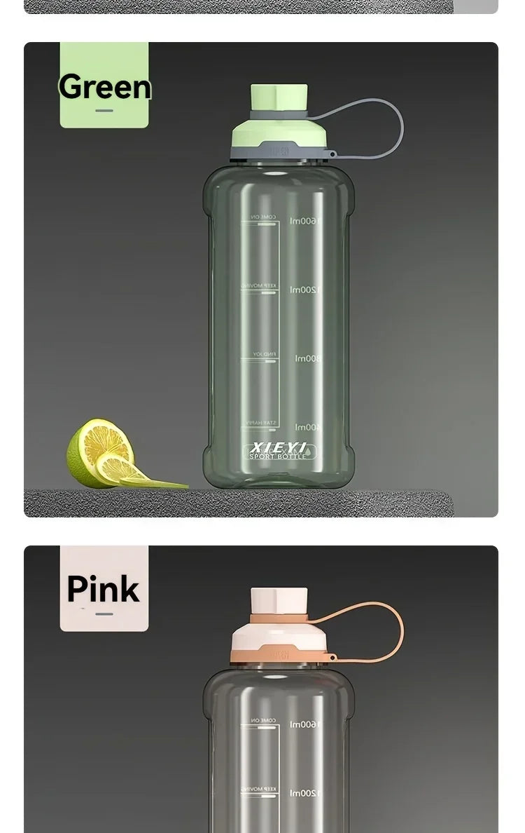 Large-capacity portable water bottle, made of high-transparency, drop-resistant PC material, with a leak-proof handle.
