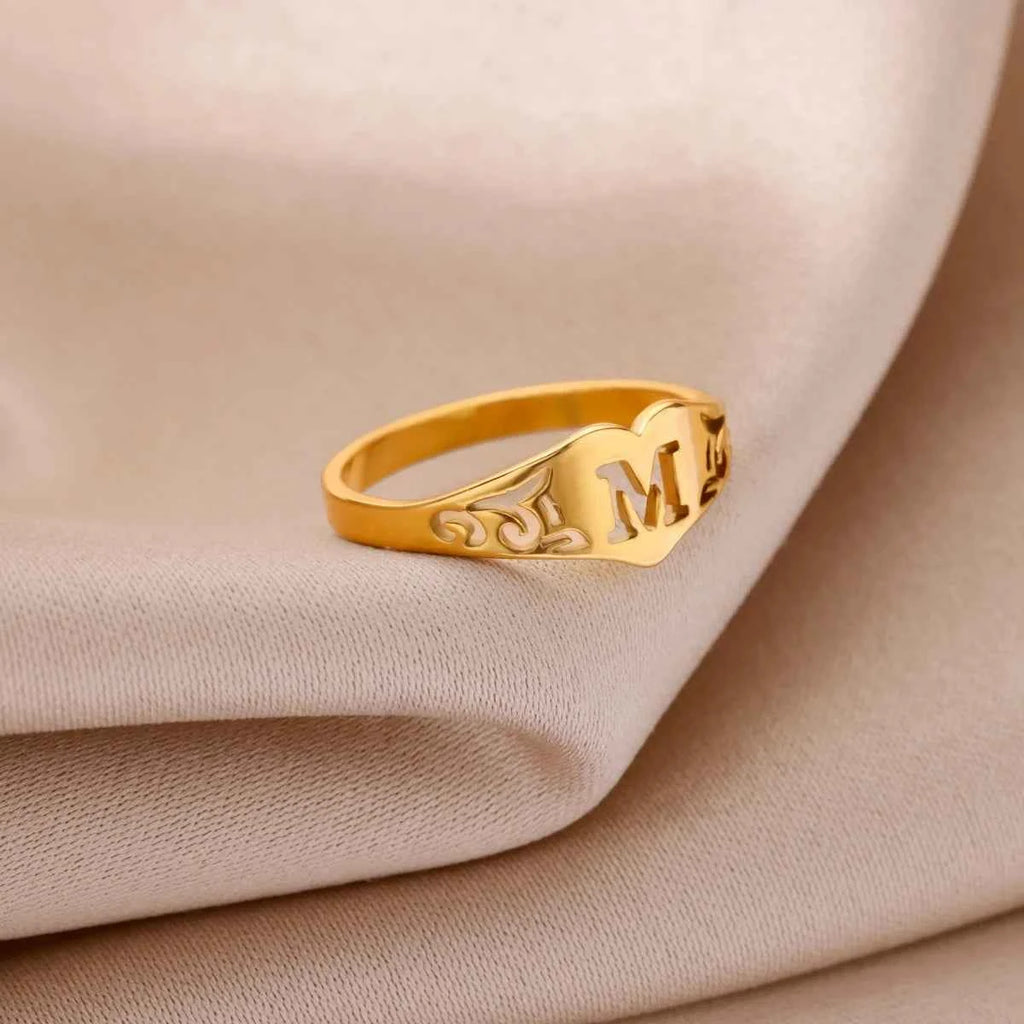 Fashion Hollow Initial Letter Heart Rings For Women Gold Color Stainless Steel A-Z Letter Ring Aesthetic Wedding Jewelry Gift