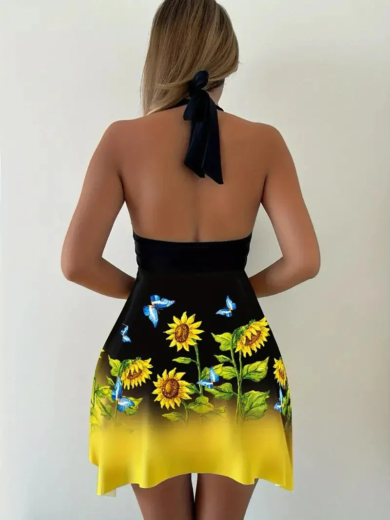 New 2025 Women's Two-Piece Bikini Set Yellow Sunflower Print Maxi Dress Style Swimsuit Floral Patterned Separate Swimsuit