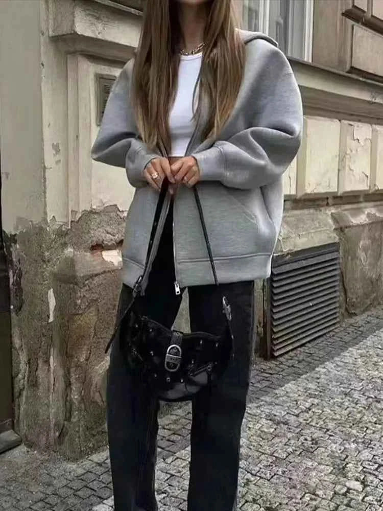 HH Winter New Women's Zipper Hoodie Coat High Street Double Pockets Jakcet Oversize Loose Sweatshirts Outerwear Top