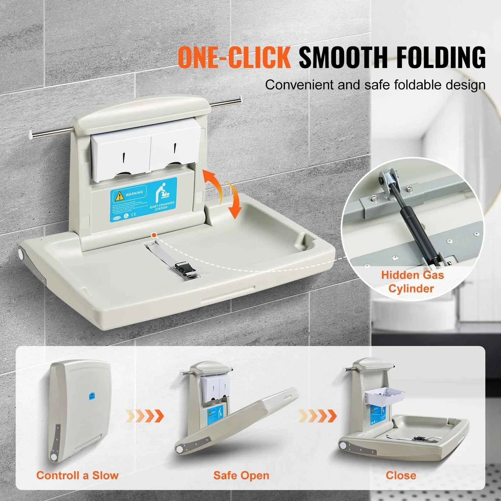 SucceBuy Wall-Mounted Baby Changing Station Horizontal Foldable Diaper Change Table Safety Straps and Hanging Rods for Newborns