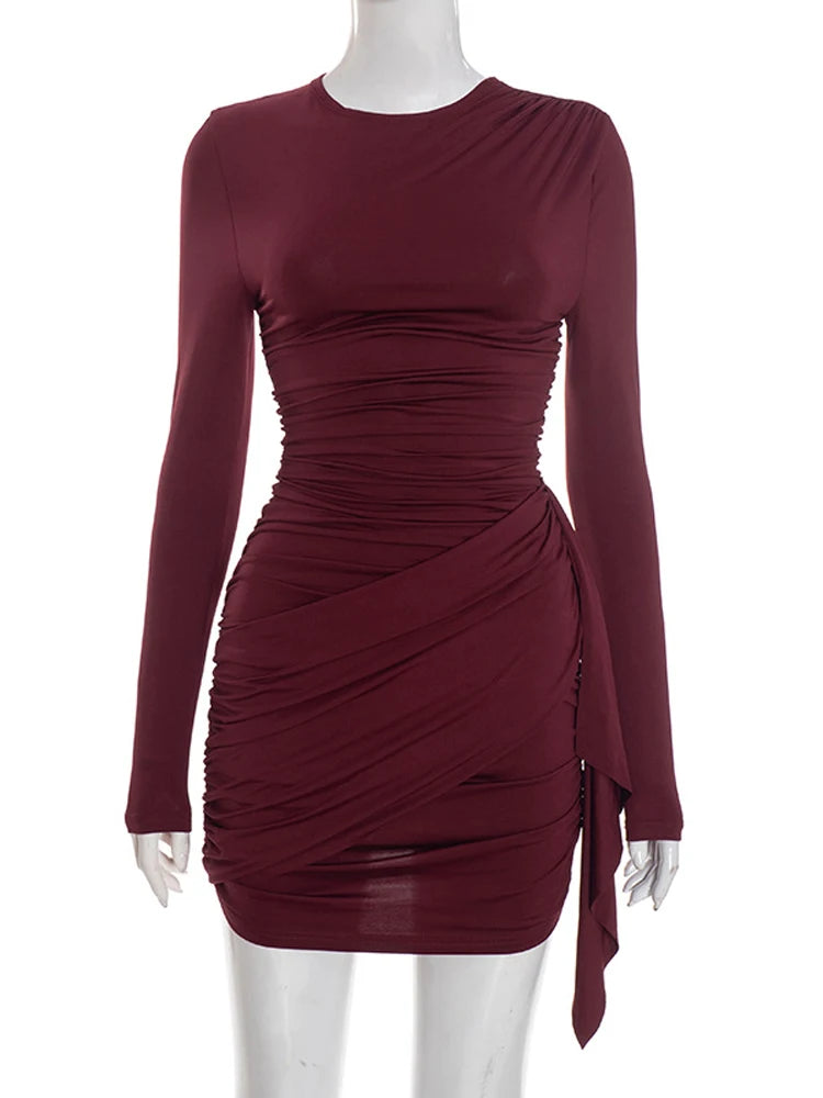 Casual Solid Pleated Bodycon Mini Dress Women Sexy Long Sleeve Waist-cinching Irregular Dresses 2026 Lady Chic Party Club Robe