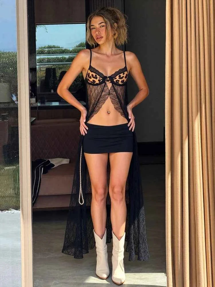 Weird Puss Backless Sexy Women Camisole Leopard Mesh Patchwork Ruffles Sexy Club Party Midnight Hot Girls Wild Coquette Maxi Top