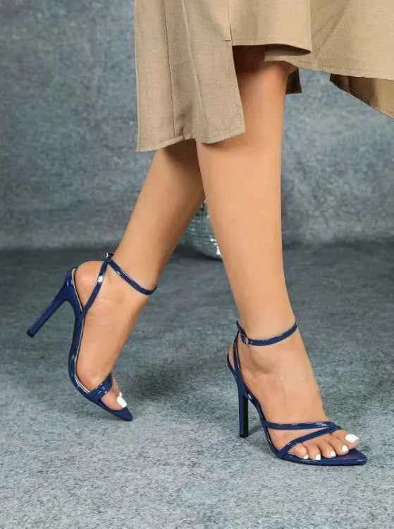 Fashionable Party High Heels Women's Pointed Toe Patent Leather Cross Ankle Strap Sandals Rubber Sole Square Head Shape