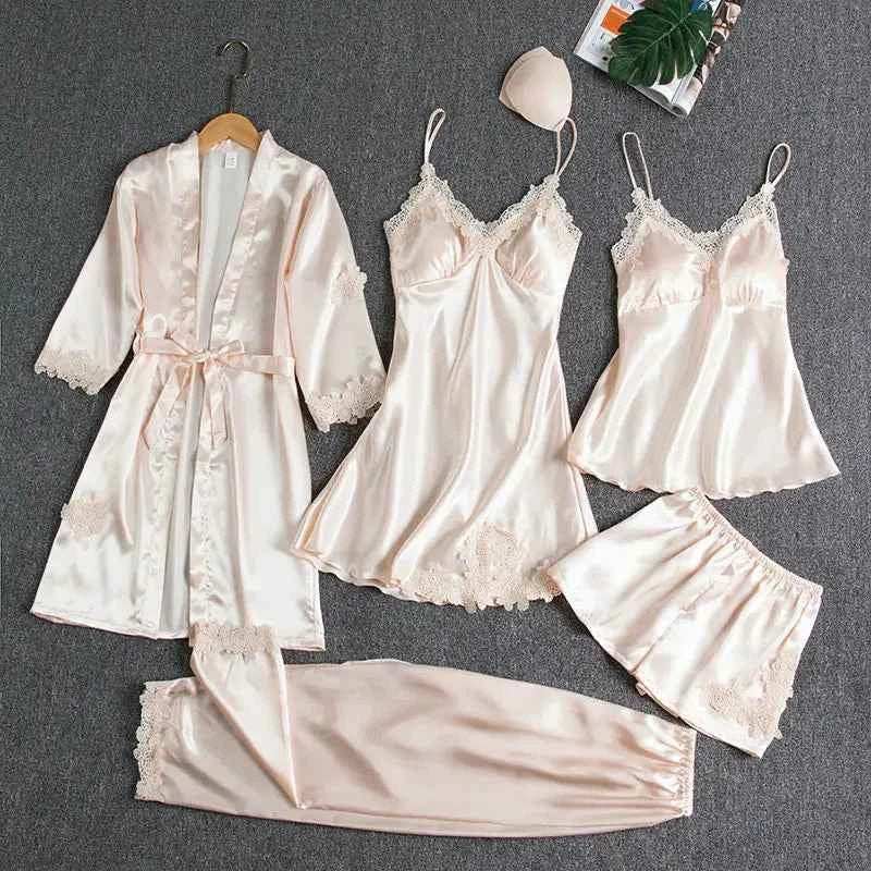 Customizable Sleepwear Female 5PCS Pajamas Set Satin Pyjamamas Lace Bridal Wedding Nightwear Rayon Home Wear Nighty&Robe Suits