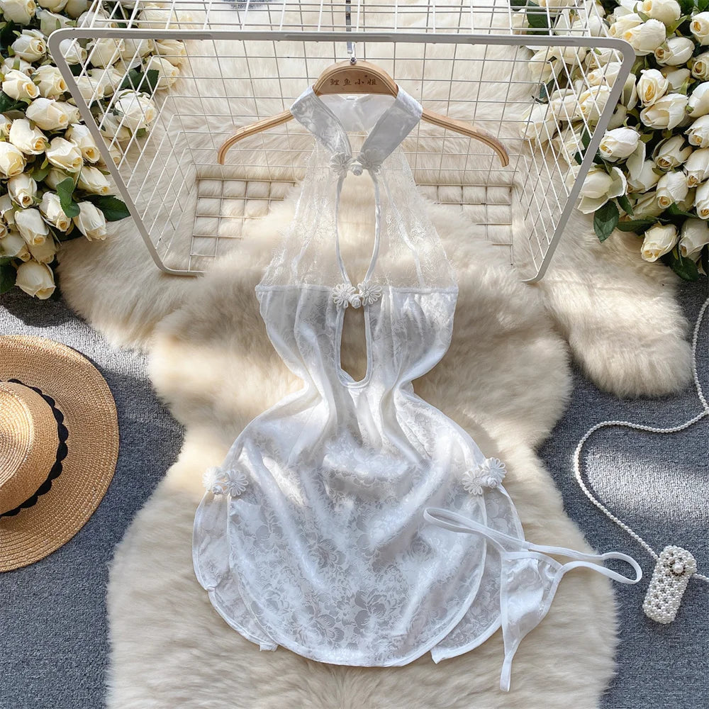 Summer Girls Sexy Hot Sweet Transparent Suspender Mini Dress Women Elastic Waist And Backless Strap Lolita Pajamas Bubble Skirt