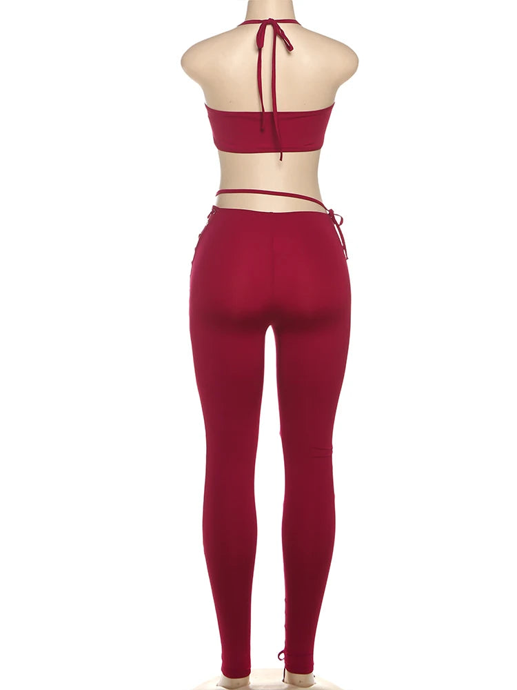Weird Puss Sexy 2piece Set Women Hipster Halter Camisole+Shirring Hollow Pants Midnight Matching Stretch Clubwear Skinny Outfits