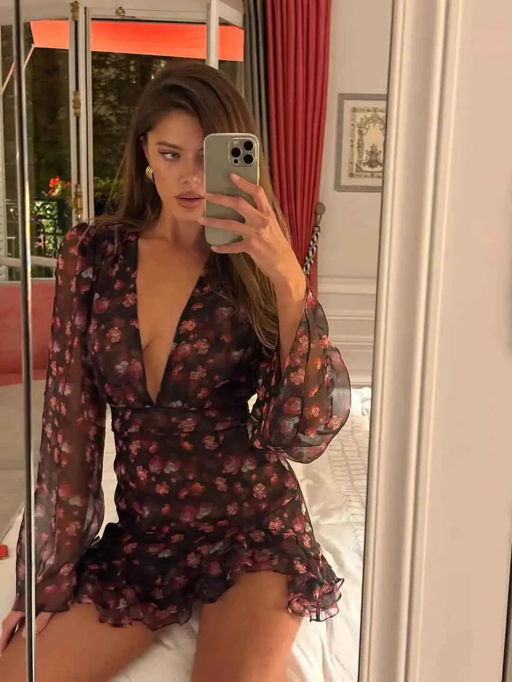 Flora Painted Ruffle Mini Dress Women Elegant Full Sleeve Deep V-neck Slim A-line Dresses 2026 Lady Holiday Street Outwear New