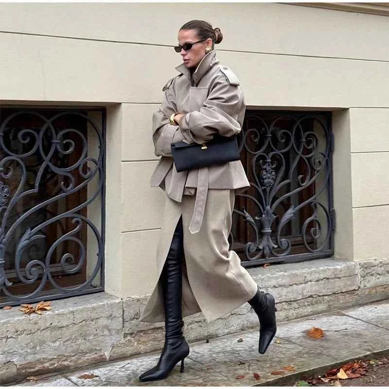 Cropped Lace-up Blue Casual Trench Coat Women Lapel Long Sleeve Wide Shoulder Windbreaker Jacket Fall Commute Daily Streetwear
