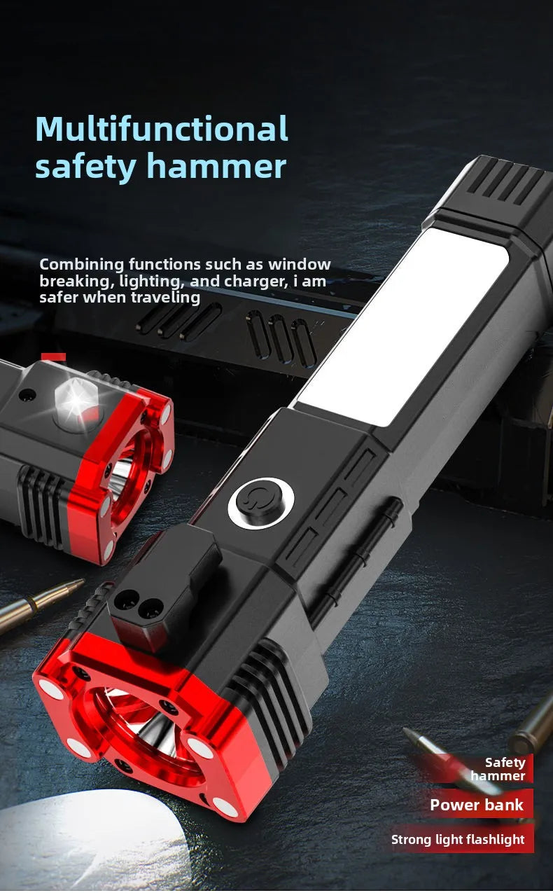 Multi-Functional Outdoor Flashlight-Pathfinding&Work Light Emergency Self-Rescue Safety Hammer with Window Breaker