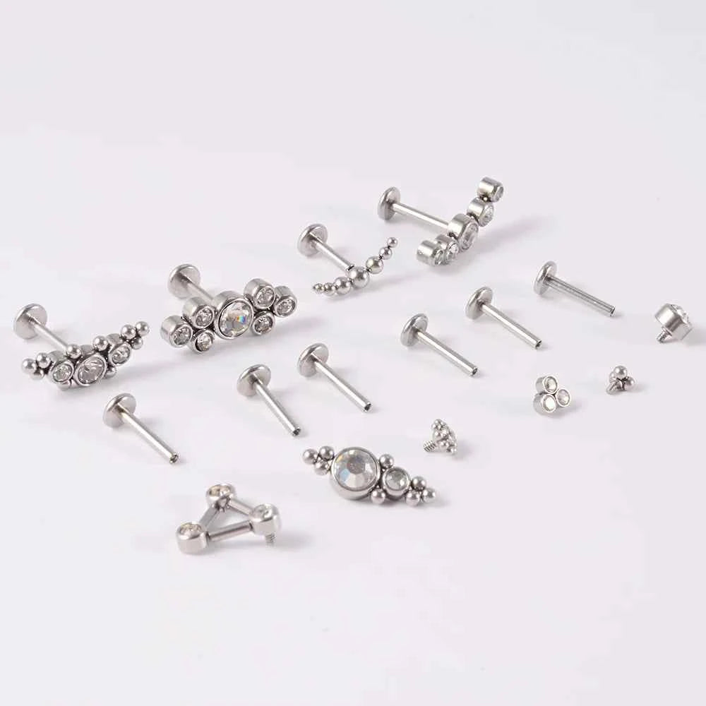 1PC Surgical Steel  Silver Color Labret Flat Base Ear Studs Crystal Cluster Helix Tragus Cartilage Piercing Jewelry 16G
