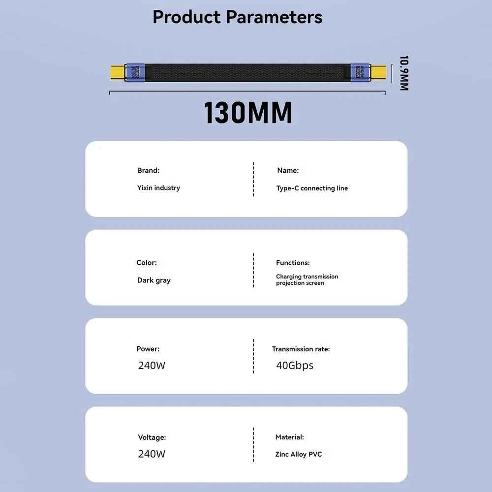 USB4 Short Cable 40Gbps Data Transfer 240W PD Fast Charging Thunderbolt 4/3 Interface Flat USB-C Cord for Laptop Phone Tablet