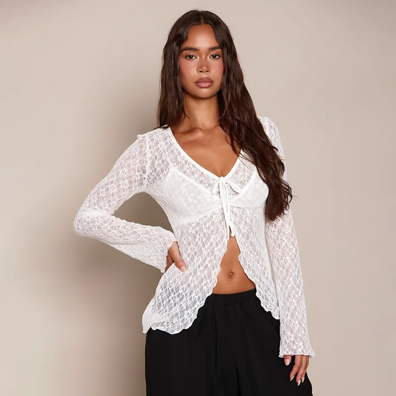 French style pure desire V-neck lace long sleeved shirt, slimming and versatile, long sleeved top