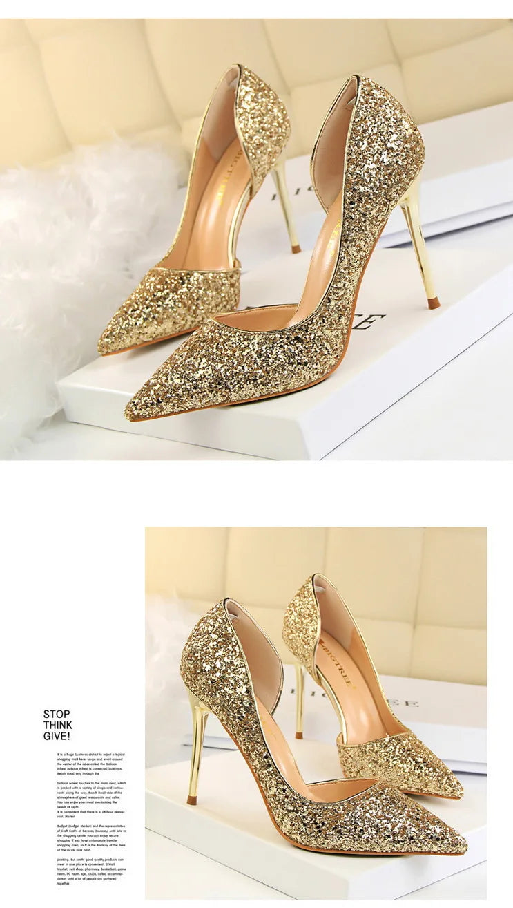 BIGTREE Shoes Champagne Women Pumps Sequin Wedding Shoes Stiletto High Heels Women Shoes Luxury Party Shoes Pumps Plus Size 43