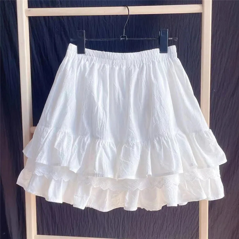 Ruffles Lace Patchwork Cotton White Mini Skirt High Waist A-Line Skirts For Women 2024 Summer