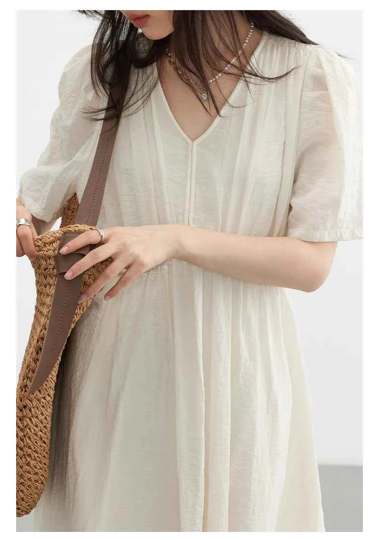 CHIC VEN Women Dresses French Style Vintage V-neck Puff Sleeve Long Dress Solid Black Loose Female Clothing Summer New 2023