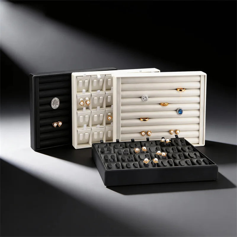 Stackable Leather Ring & Earring Tray - 25x20cm Black White Storage Box with Lid - Jewelry Organizer