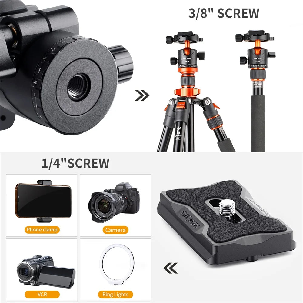 K&F CONCEPT Professional Tripod Ball Head 360° Rotation Panoramic 1/4" to 3/8" Srew Adapters BallHead for Tripod Monopod Camera