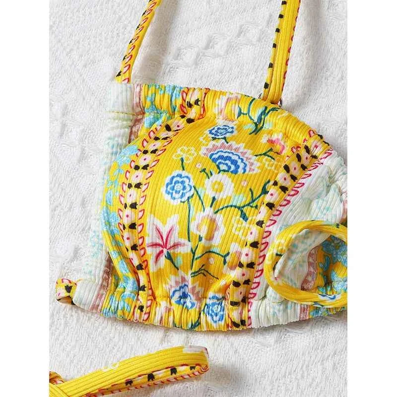 BIQIUYYI New Floral Print String Bandage Bikinis Triangle Cup Push Up Swimsuit Women Bathing Suit Beachwear Halter Swimwear XS