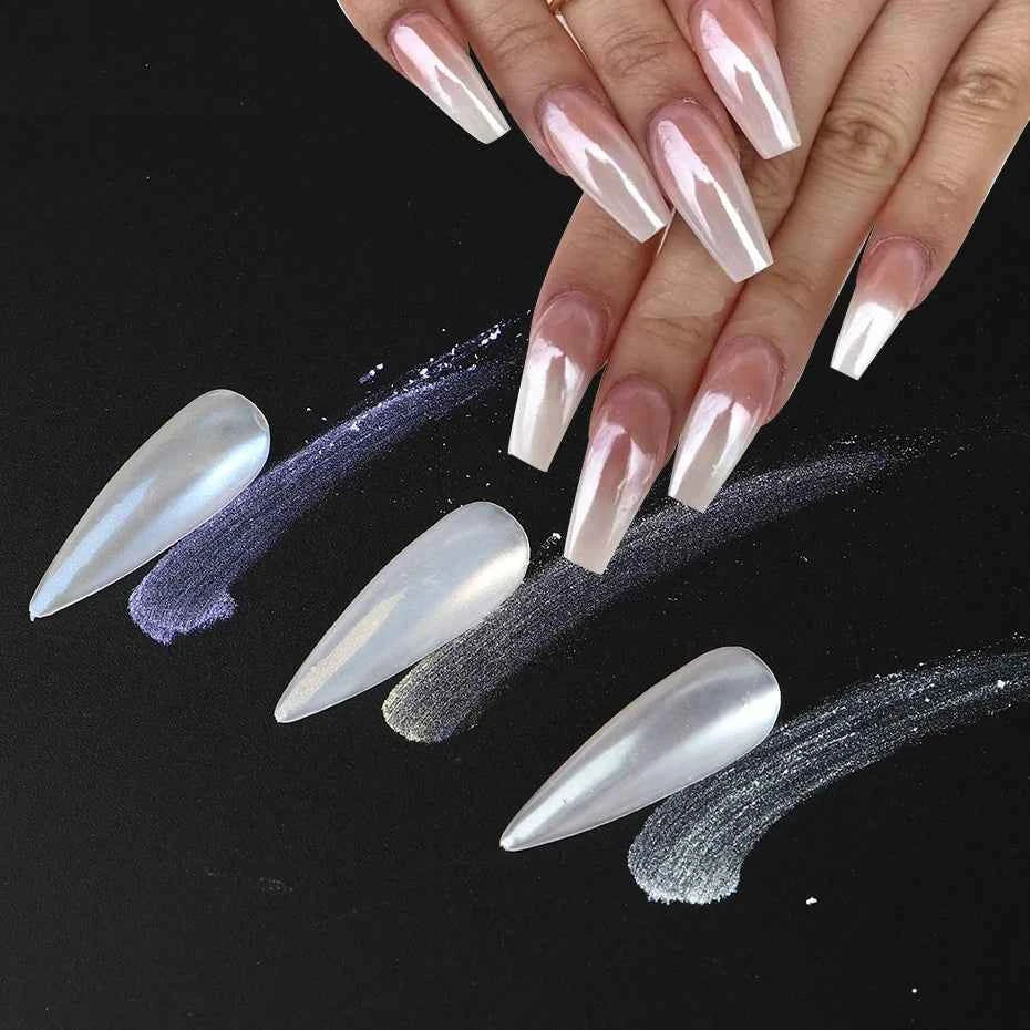 Moonlight Pearl White Nails Glitter Dust Chrome Aurora White Rubbing on Powder Shell Mirror Pigment Nail Art Supplies Decoration