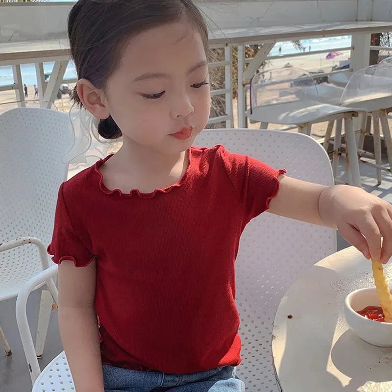 Girls' Casual Ice Silk Short-Sleeve T-Shirt, New Korean Style Children's Ruffled Top, Solid Color, Simple and Versatile