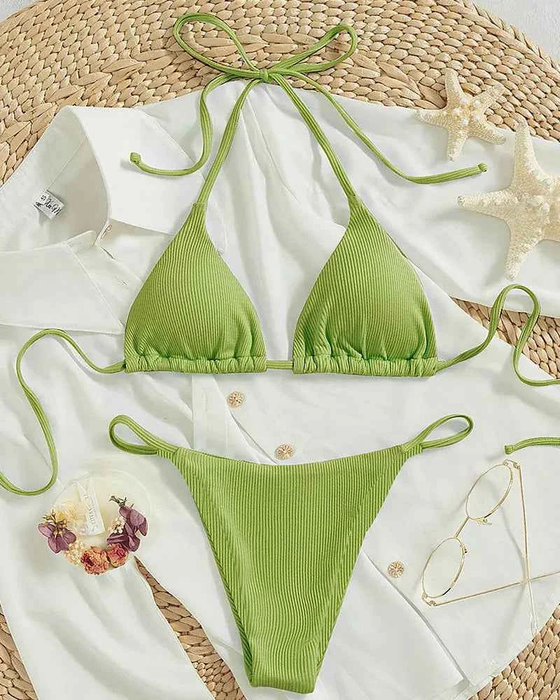 2025 Special Pit Stripe Fabric Bikini Set Women Sexy Simple Solid Halter Bikini Swimsuit High Waisted Lace Up Beach Bathing Suit