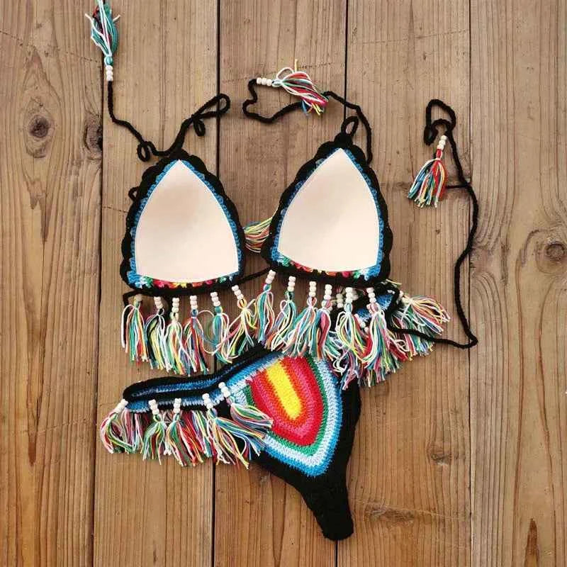 Handmade Crochet Bikini Set Rainbows Rasta Tassel Women Swimwear Push UP Sexy Swimsuit Vacation