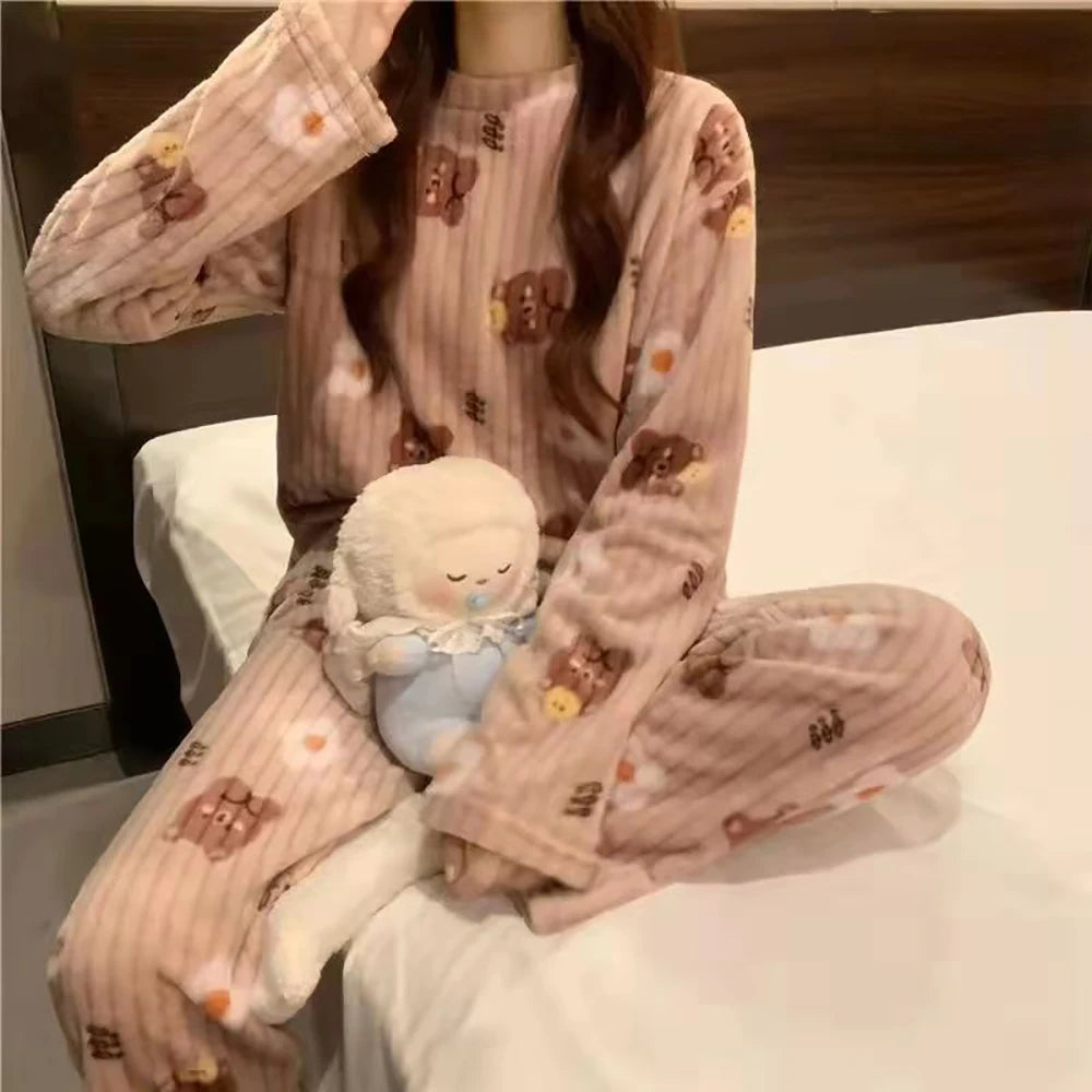 Autumn Winter Warm Flannel Fleecing Women's Pajamas Sets Coral Velvet Long Sleeve Cartoon Sleepwear Pants Sets Flannel Homewear