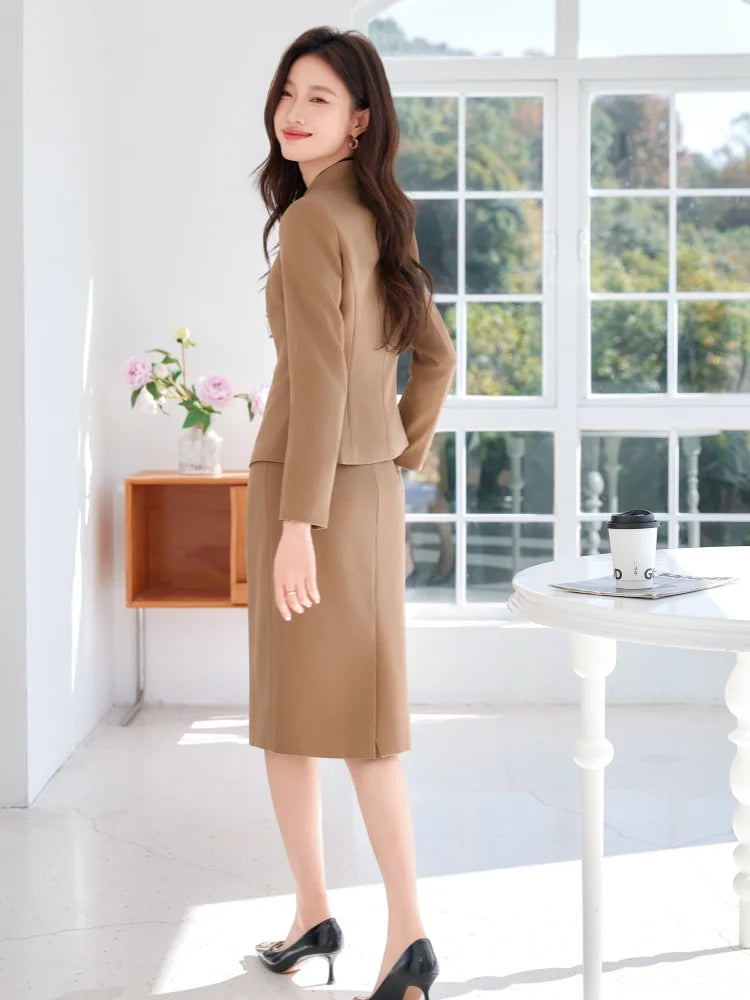 AIyssa Fashionable classic long-sleeved suit set, office business women's clothing, high-quality two-piece suit jacket + skirt.