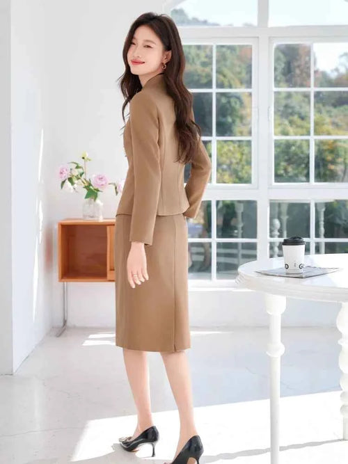 AIyssa Fashionable classic long-sleeved suit set, office business women's clothing, high-quality two-piece suit jacket + skirt.