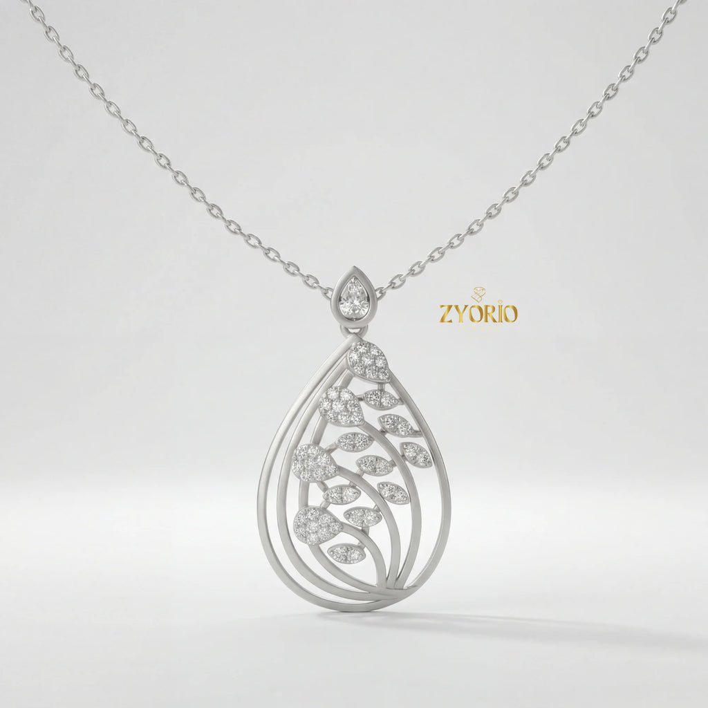Leafy Teardrop Diamond Pendant Necklace with Link Chain Rose Gold Plated Luxury Women Engagement Wedding Party Jewelry