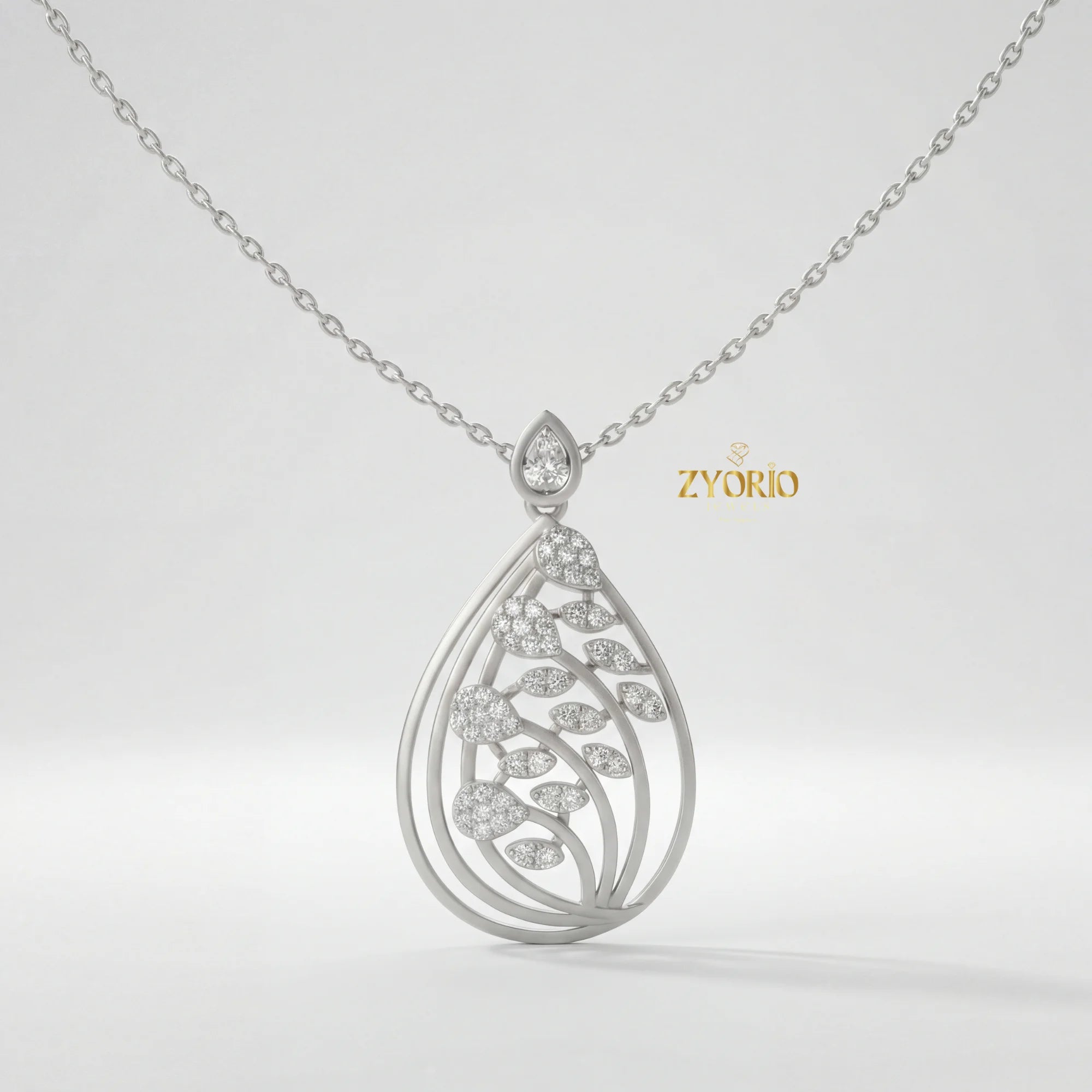 Leafy Teardrop Diamond Pendant Necklace with Link Chain Rose Gold Plated Luxury Women Engagement Wedding Party Jewelry