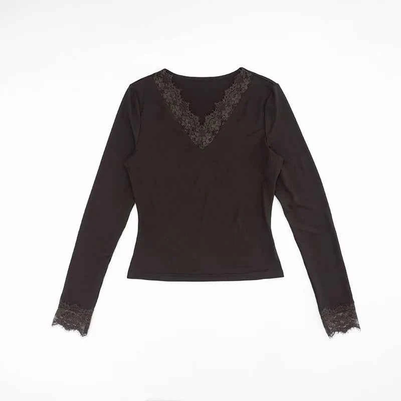 Women's V-neck Lace Splicing Top European American Style Autumn New Waist Exposed Umbilical Fashionable Casual Wear
