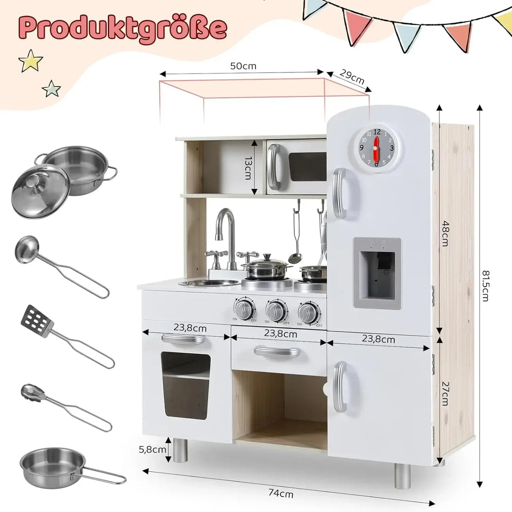 Wooden Play Kitchen Set Pretend Play Kitchen with Lights and Sounds for Kids Ages 3+, Includes Stove Oven Microwave Coffee Maker